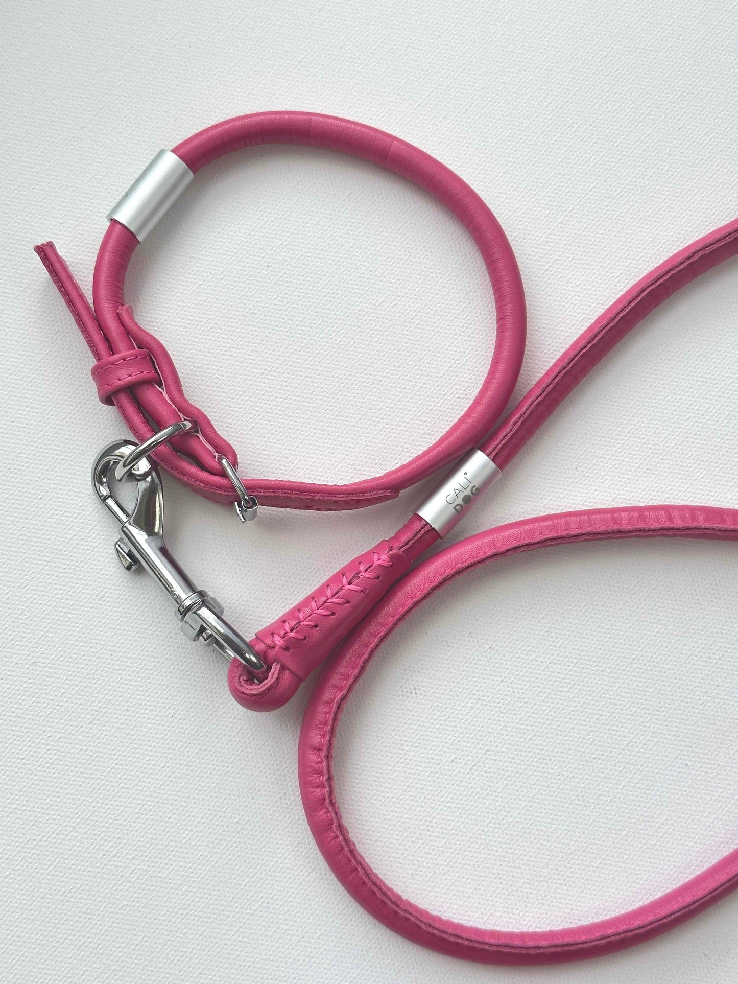 Pink Rolled Leather Dog Collar and Leash Set