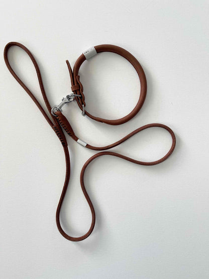 Brown Rolled Leather Dog Leash and Collar Set