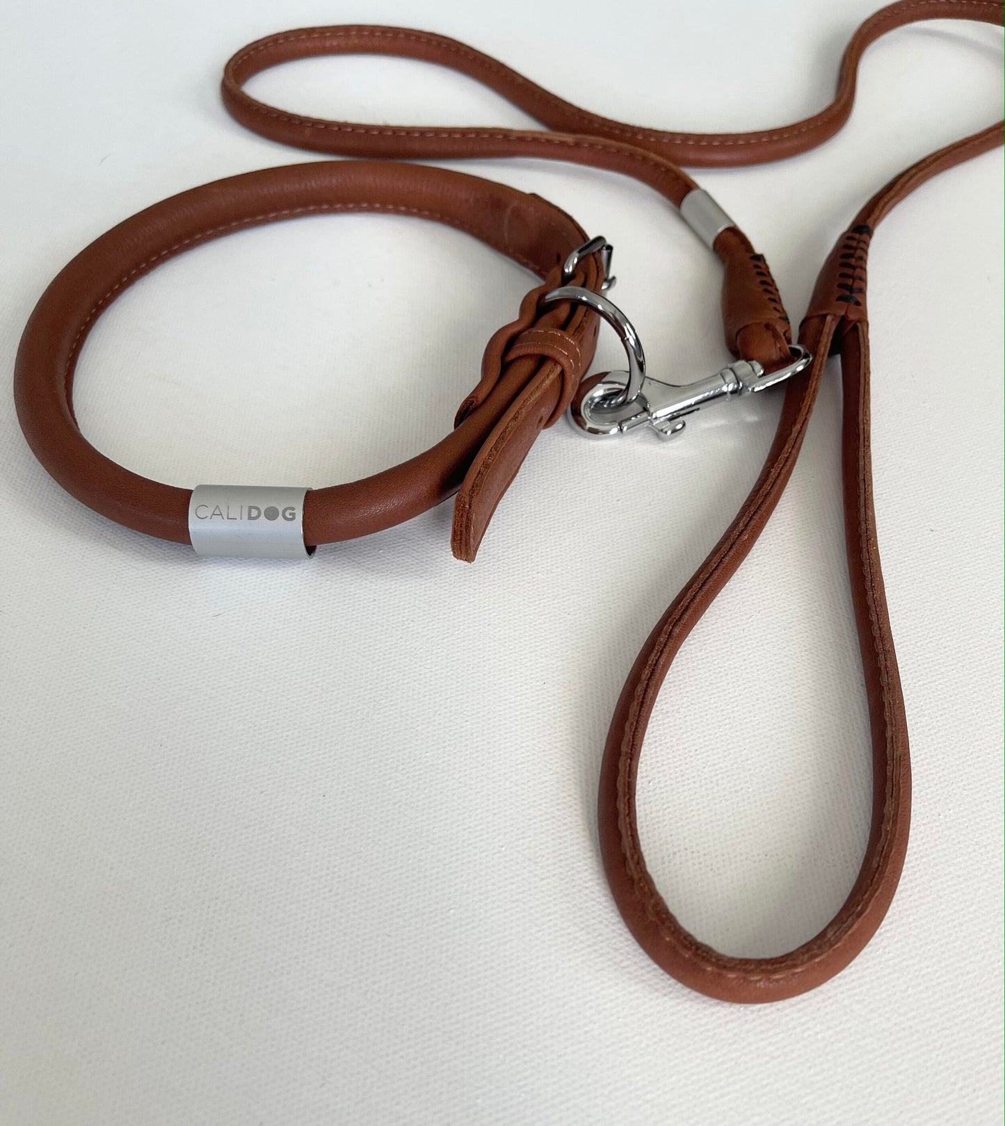 Brown Rolled Leather Dog Leash and Collar Set