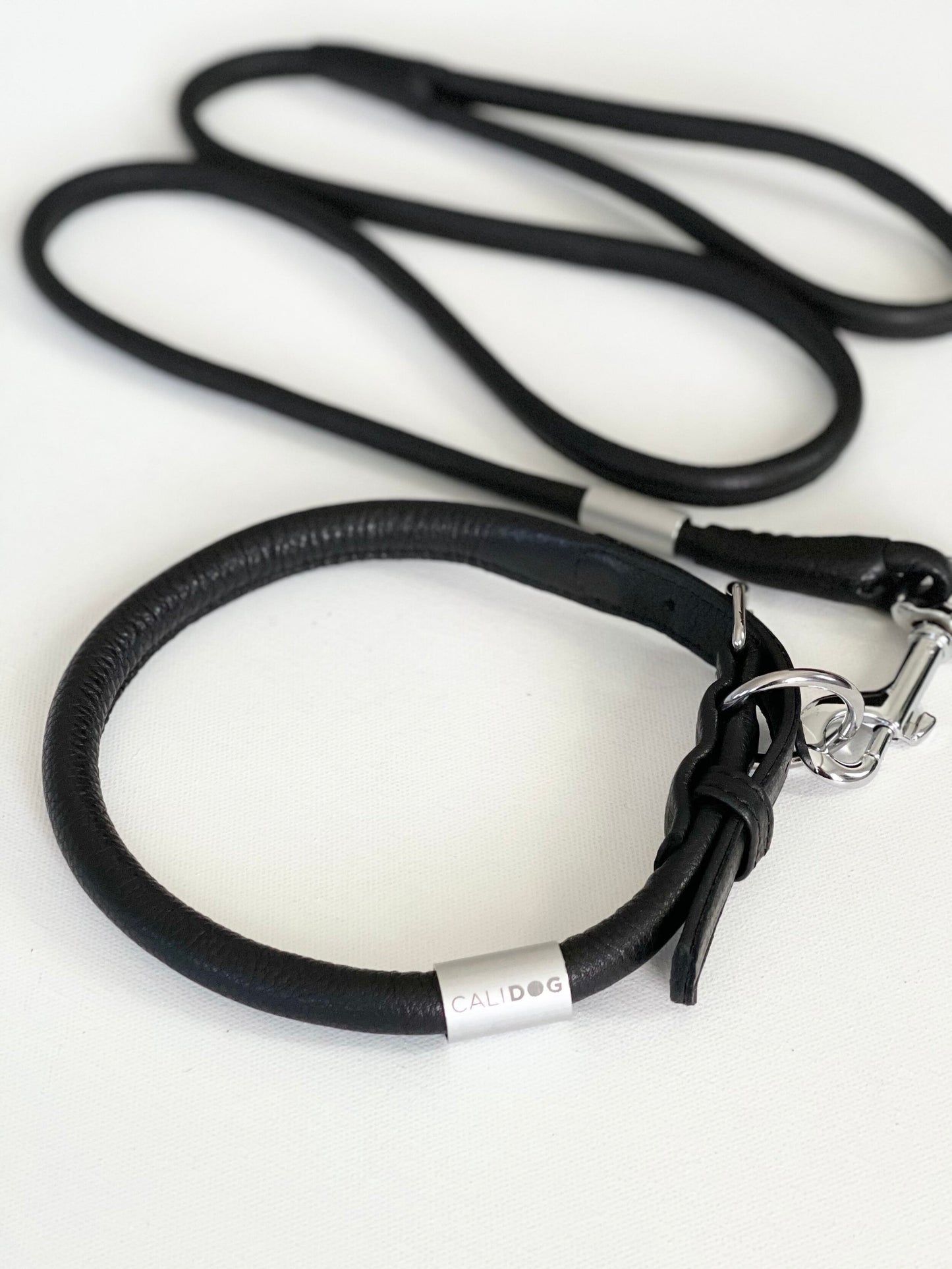 Black Rolled Leather Dog Leash and Collar Set