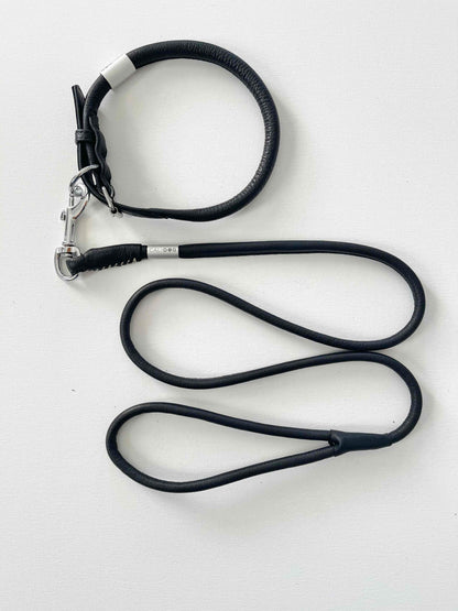 Black Rolled Leather Dog Leash and Collar Set