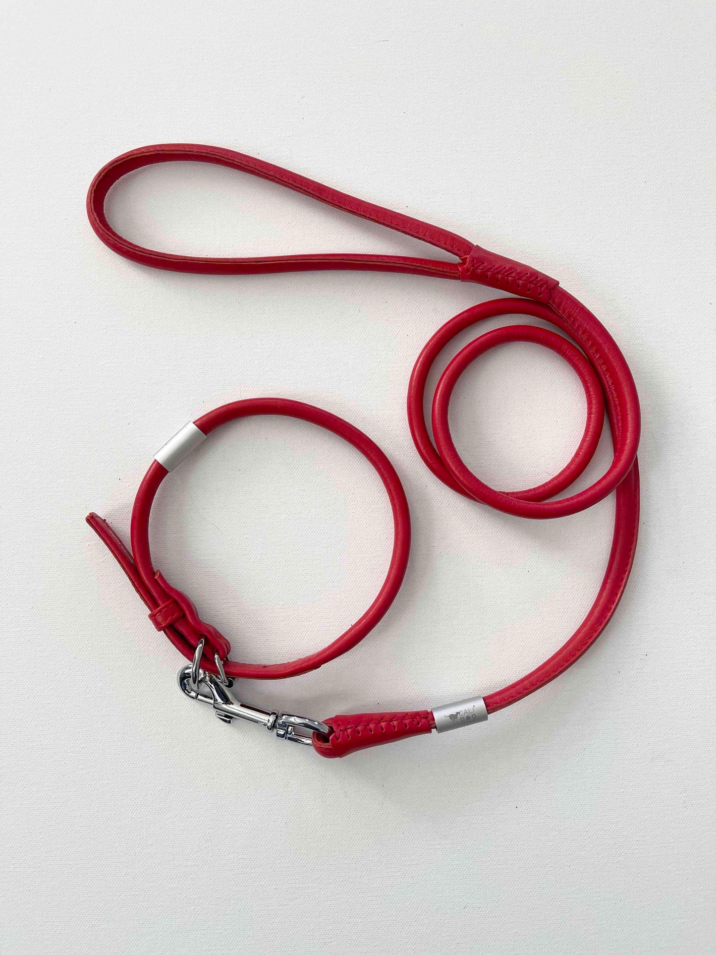 Red Rolled Leather Dog Collar and Leash Set