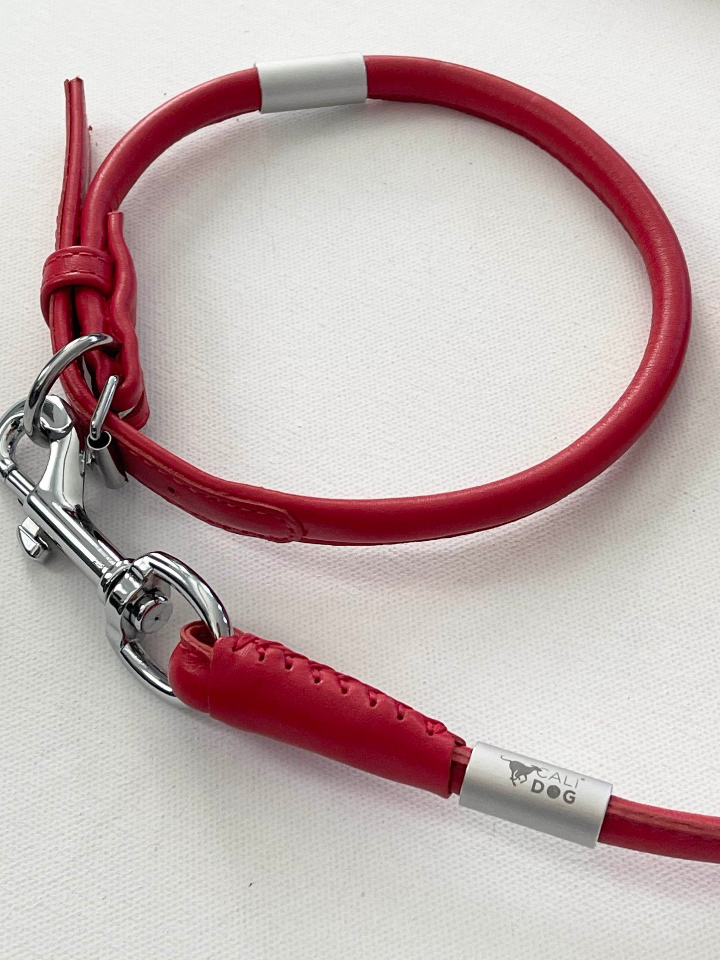 Red Rolled Leather Dog Collar and Leash Set