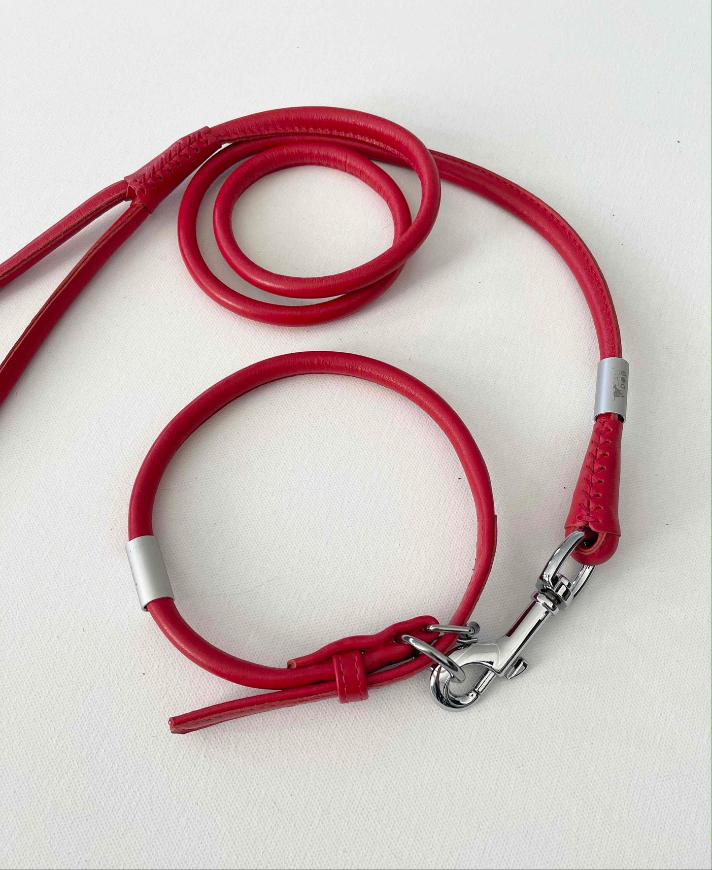 Red Rolled Leather Dog Collar and Leash Set