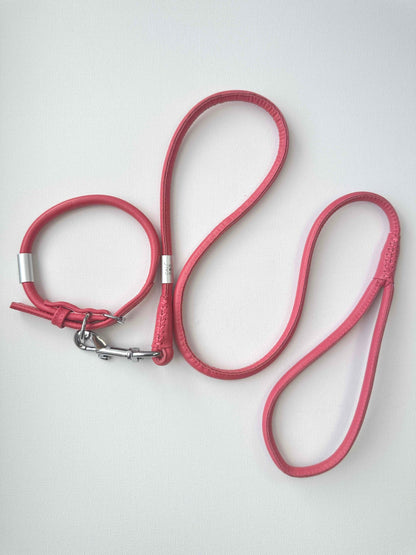 Pink Rolled Leather Dog Collar and Leash Set