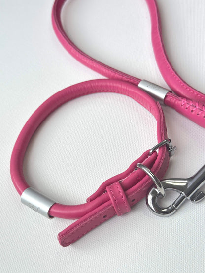 Pink Rolled Leather Dog Collar and Leash Set