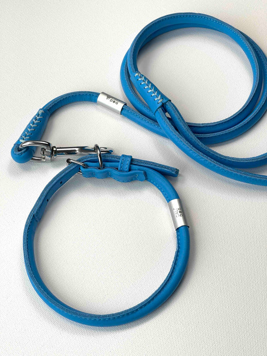 Blue Rolled Leather Dog Collar and Leash Set