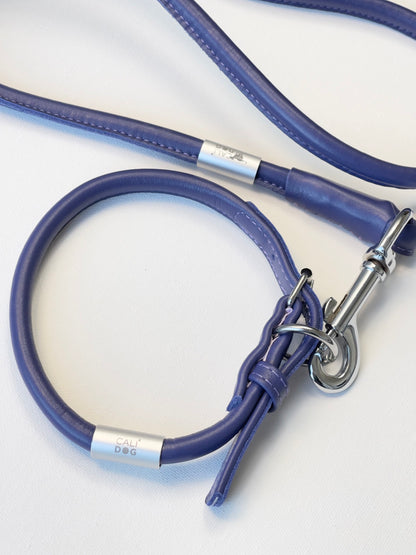 Purple Rolled Leather Dog Collar and Leash Set